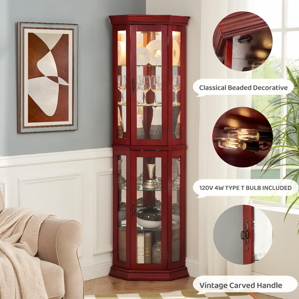 70" Lighted Corner Curio Cabinet,Inside Mirror Corner Glass Display Case with Tempered Glass Door for Living Room, Antique Collectibles, Wine & Bar Glass Storage, Lights Included