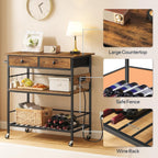 HOOBRO Kitchen Island with Storage, Rolling Island Cart for Kitchen with 2 Drawers & Outlet, 3 Tier Coffee Station and Microwave Stand, Kitchen Island Table for Home, Rustic Brown BF08UZD01