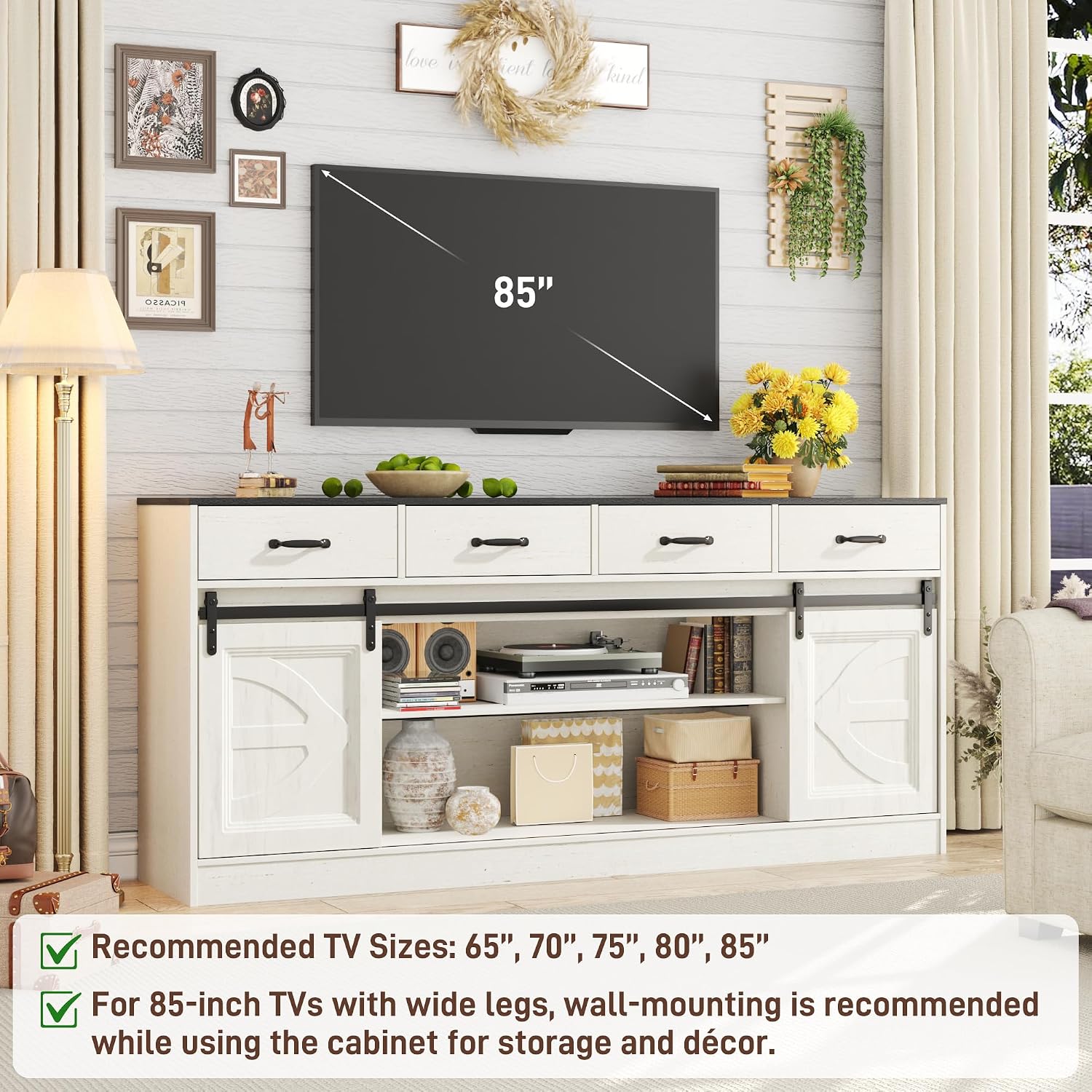 70” Large Buffet Sideboard Cabinet w/4 Drawer,Farmhouse Coffee Bar Cabinet Buffet with Storage,Sliding Door,Long Kitchen Buffet Table,Kitchen Sideboard Cabinet,Credenza for Dining Room,Off White