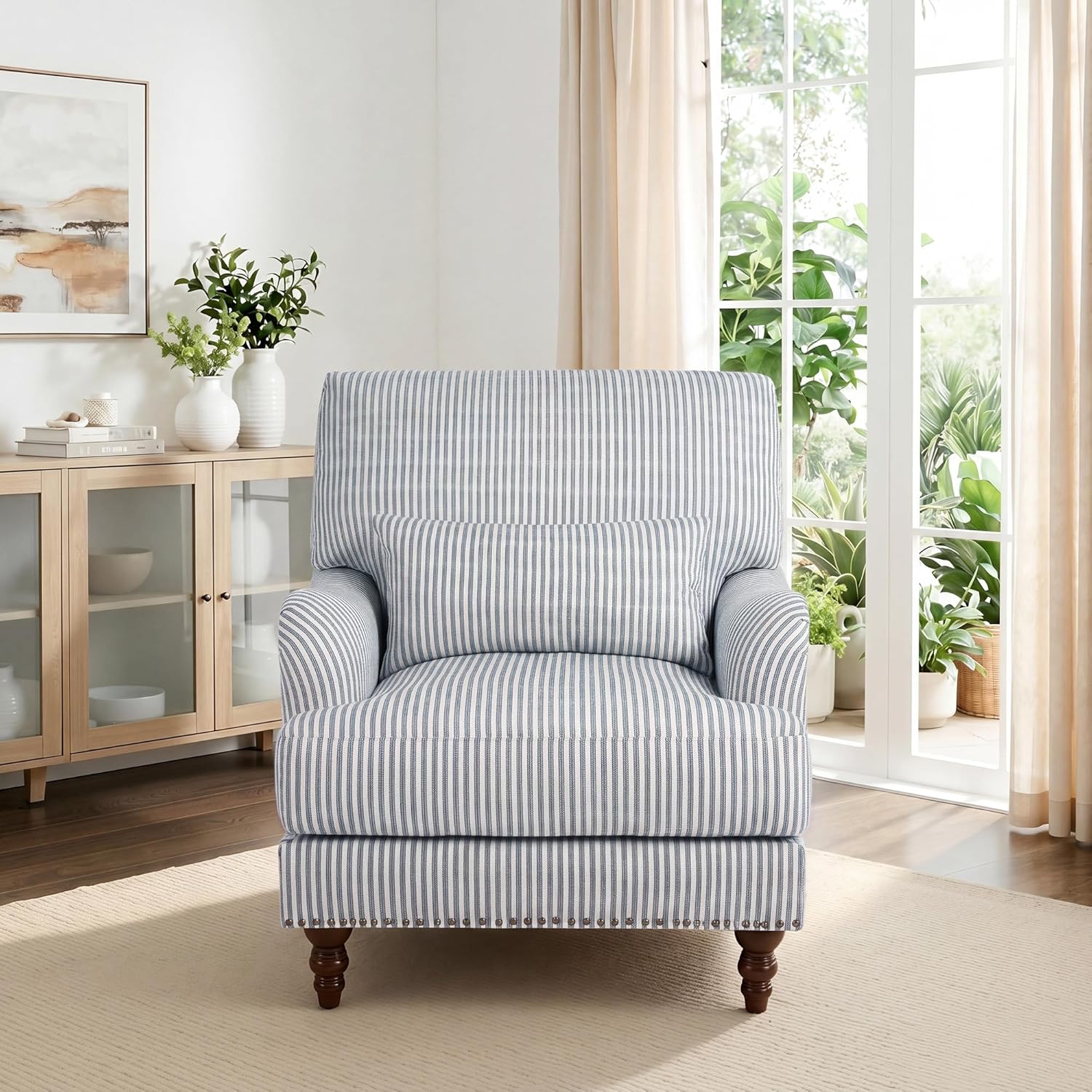 Accent Chairs Set of 2, Upholstered Armchair with Nailhead Trim & Solid Wood Legs, Mid Century Modern Club Chair for Living Room/Bedroom/Reading Room, Pinstripe Blue