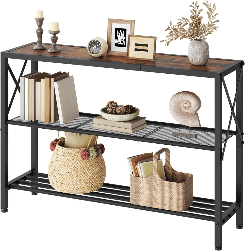 Hoctieon Industrial Console Table, 3 Tier Entryway Table, Hallway Table, Narrow Sofa Table with Shelves, Entrance Table for Entryway, Living Room, Foyer, Hallway, Office, Rustic Brown&Black