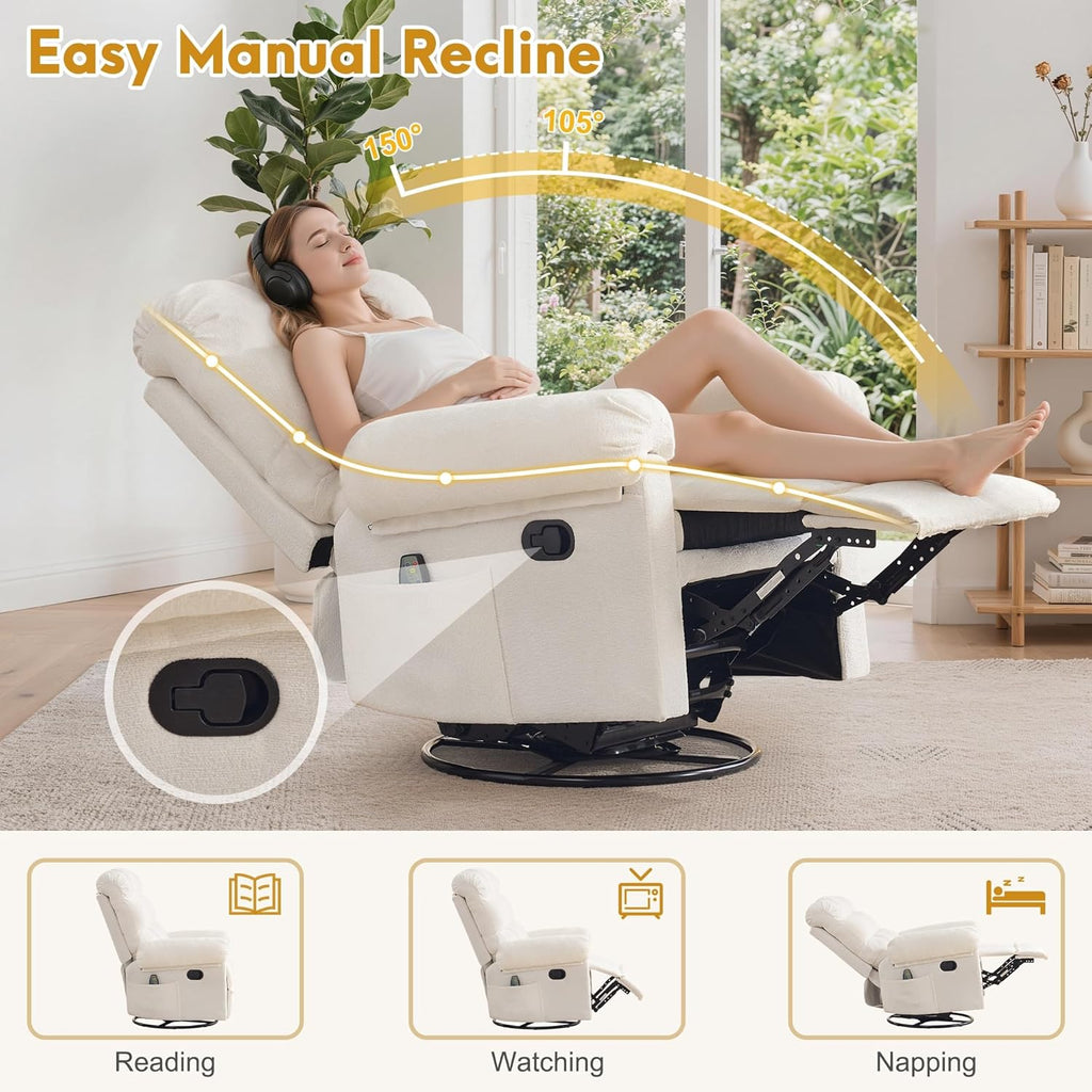 Korser 360° Swivel Rocker Recliner Chair, Rocking Chair Nursery with Massage and Heat, Small Recliners for Small Space, Manual Reclining Chair with Cozy Chenille Fabric, Side Pockets for Living Room