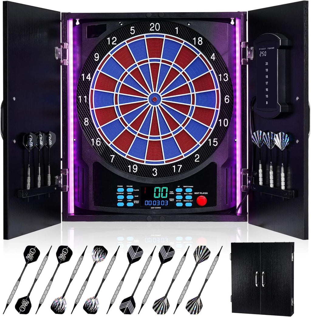 Electronic Dart Board, Electric Dartboard Cabinet Set for Adults [12 Soft Tip Darts] Individual Light Color for Each Player- Wooden Dartboard Cabinet for Family Game