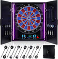 Electronic Dart Board, Electric Dartboard Cabinet Set for Adults [12 Soft Tip Darts] Individual Light Color for Each Player- Wooden Dartboard Cabinet for Family Game
