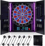 Electronic Dart Board, Electric Dartboard Cabinet Set for Adults [12 Soft Tip Darts] Individual Light Color for Each Player- Wooden Dartboard Cabinet for Family Game