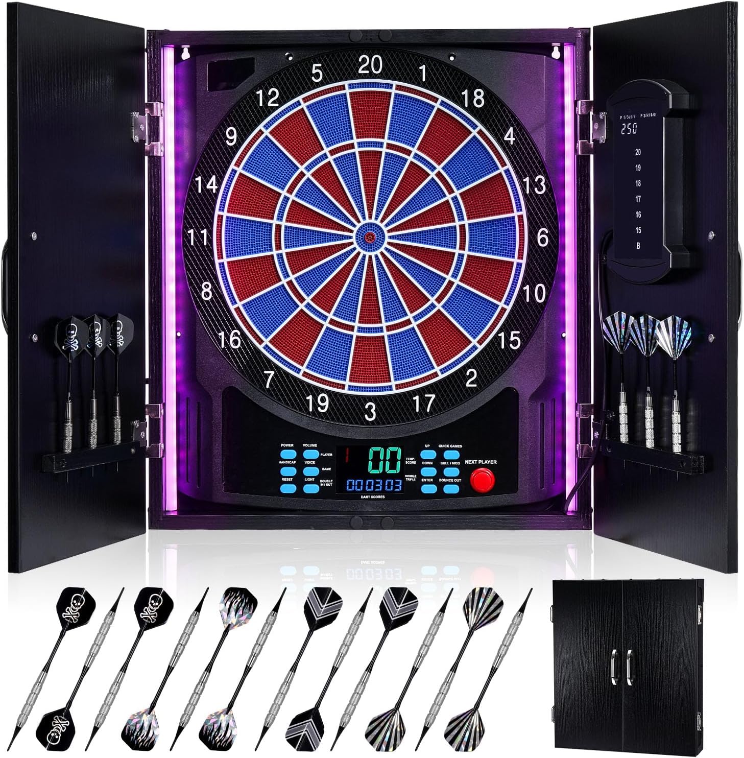 Electronic Dart Board, Electric Dartboard Cabinet Set for Adults [12 Soft Tip Darts] Individual Light Color for Each Player- Wooden Dartboard Cabinet for Family Game