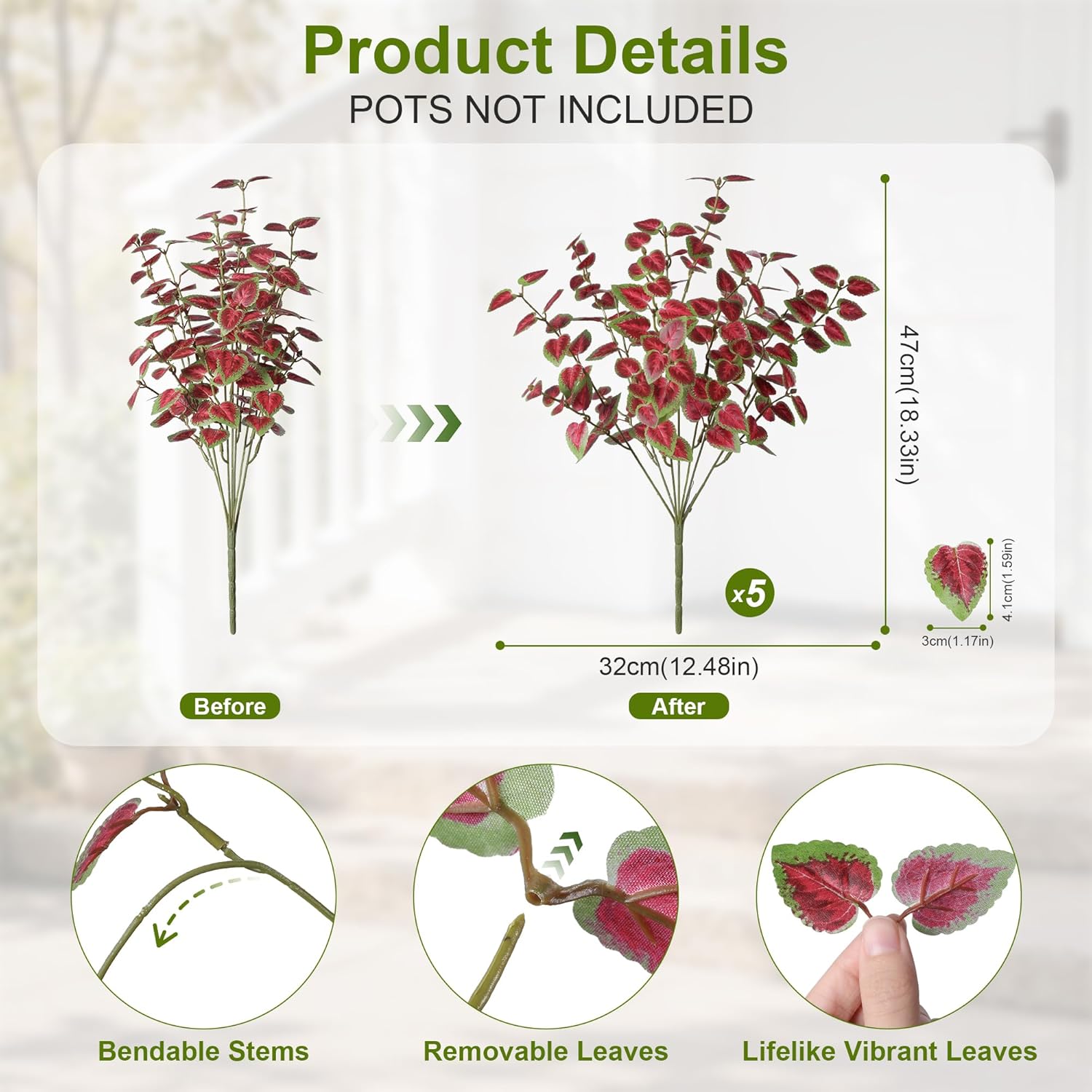 Ivydale Artificial Plants Outdoor 5 Pcs, Faux Greenery Plants Outdoor UV Resistant Silk Plants with Stems, Fake Plants for Outside Planter Front Porch Patio Pathway Decoration(Red)
