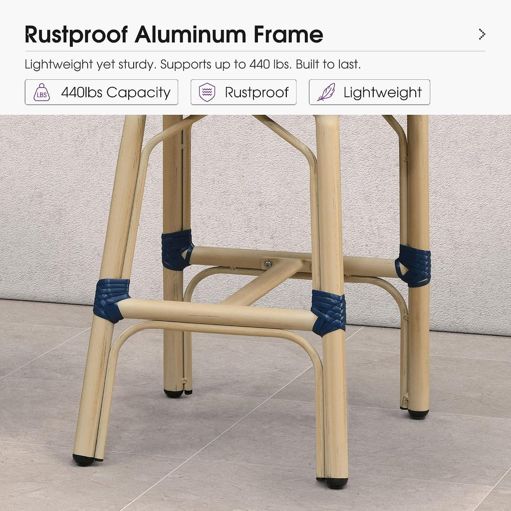 PURPLE LEAF Patio French Counter Height Stool Set of 2 Outdoor Backrest Barstools Aluminum Frame in Champagne Finish Woven Rattan for Indoor Kitchen Garden Balcony Restaurant Navy Blue