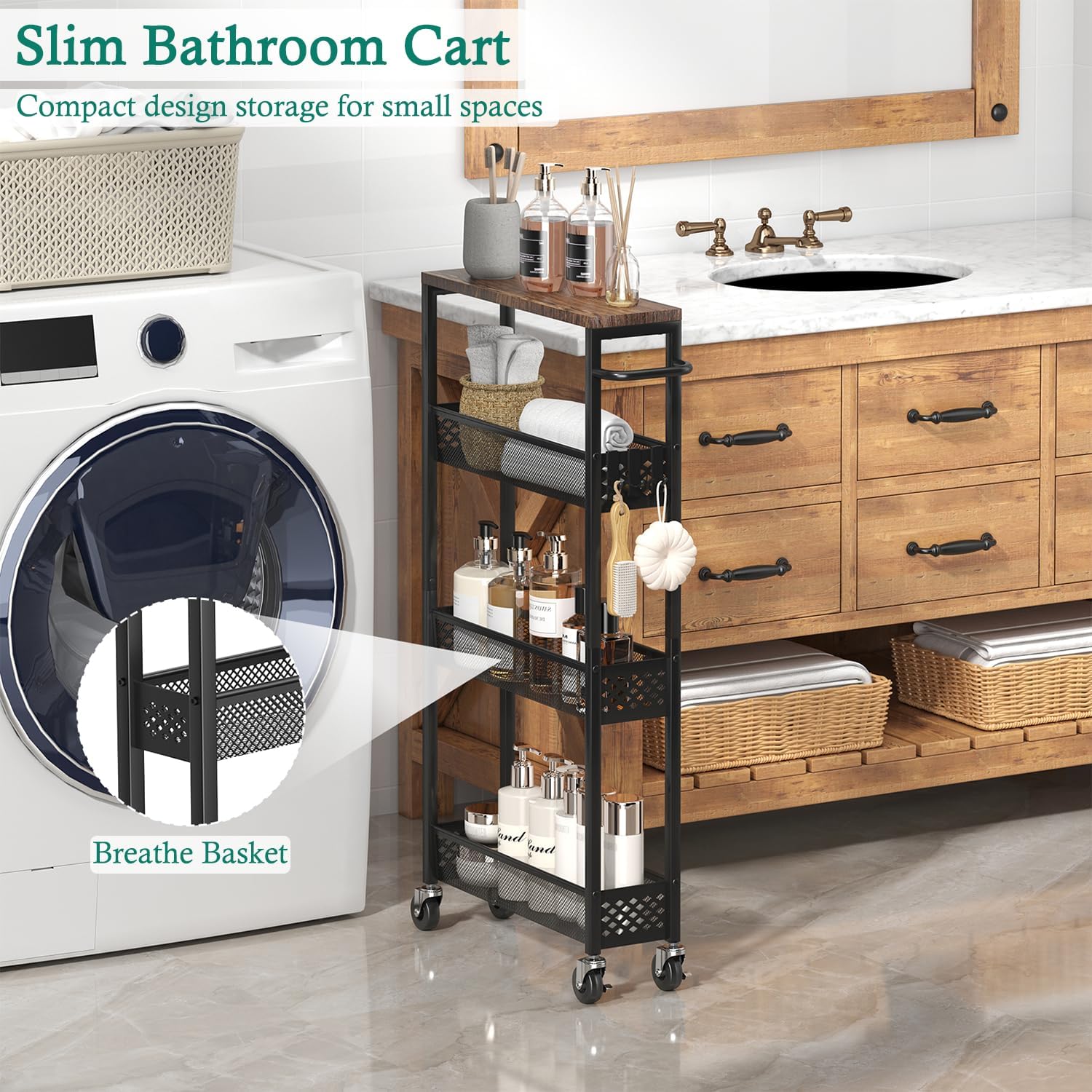 XYZLVSI Slim Storage Cart 4 Tier Narrow Kitchen Rolling Cart on Wheels for Small Space, Mobile Utility Cart Shelving Unit with Wooden Top and Metal Handle for Kitchen, Bathroom, Laundry Room