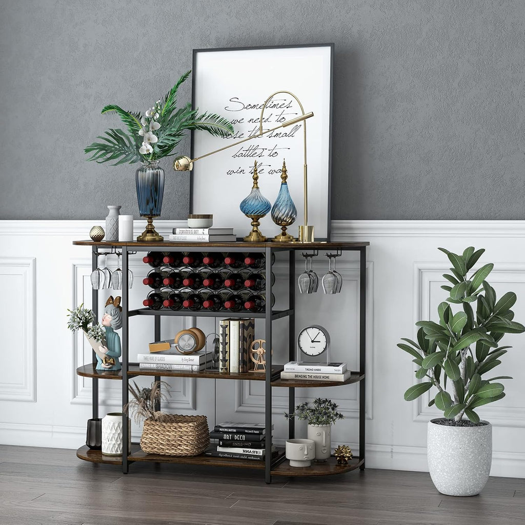 LOKO Wine Rack Table, 47 Inches Industrial Wine Bar Cabinet with Wine Rack & Glass Holders, Freestanding Floor Bar Storage Cabinet for Liquor and Glasses for Home Kitchen Dining Room (Rustic Brown)