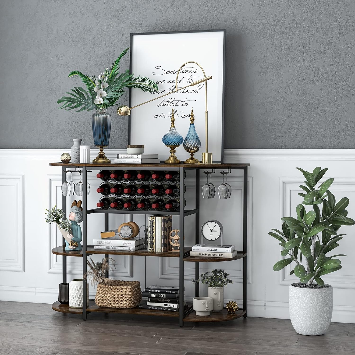 LOKO Wine Rack Table, 47 Inches Industrial Wine Bar Cabinet with Wine Rack & Glass Holders, Freestanding Floor Bar Storage Cabinet for Liquor and Glasses for Home Kitchen Dining Room (Rustic Brown)