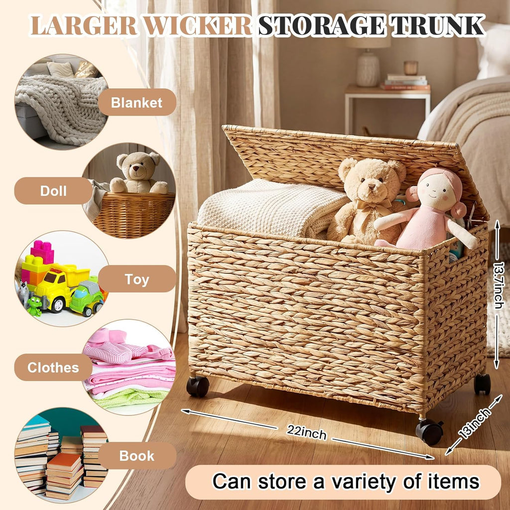 Cinnvoice 17.2 Gallon(65 L) 22×13×14 in Wicker Storage Trunk with Wheels & Lid Heavy Duty Rolling Storage Bench Large Toy Chest Water Hyacinth Woven Blanket Bin for Bedroom, Laundry Room, Natural