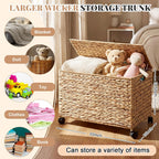 Cinnvoice 17.2 Gallon(65 L) 22×13×14 in Wicker Storage Trunk with Wheels & Lid Heavy Duty Rolling Storage Bench Large Toy Chest Water Hyacinth Woven Blanket Bin for Bedroom, Laundry Room, Natural