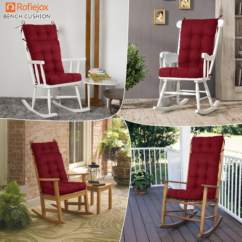 Rocking Chair Cushions Indoor High Back Set - Sackcloth Fabric, High-Density Sponge, Durable Comfort Non-Slip Bottom Tufted Seat Pads with Ties, Sackcloth︱Red, 52x19x4 inch