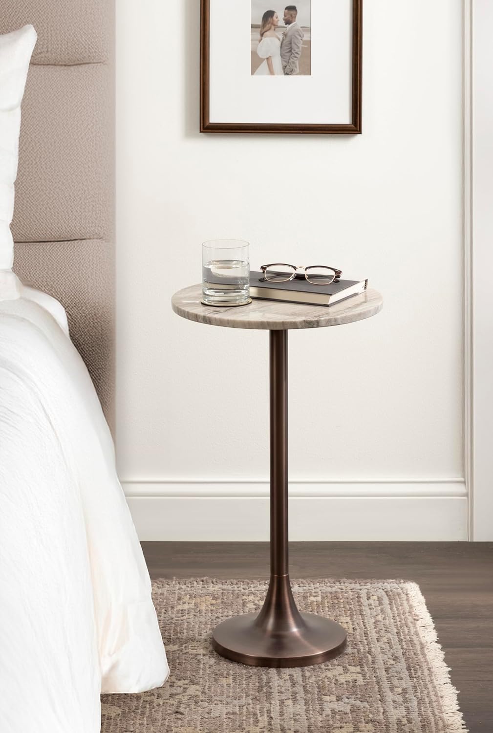 Kate and Laurel Baronet Glam Marble Round Side Table, 14 x 14 x 24, Morchana Marble and Bronze, Marble Top Circle End Table for Use as a Bedroom Nightstand or Living Room Plant Stand Option