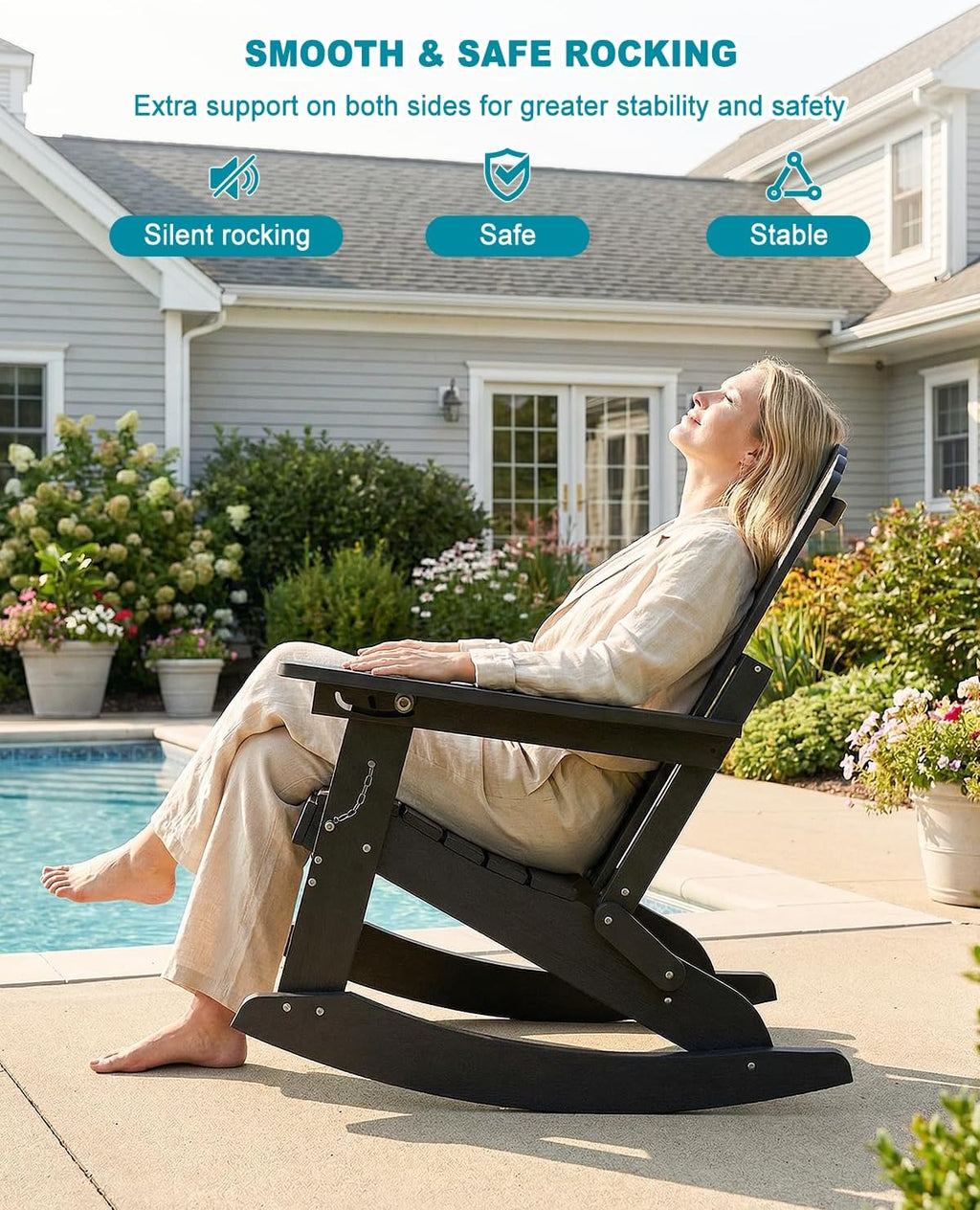 Adirondack Rocking Chairs with Retractable Ottoman & Cup Holders, 6-in-1 Folding HDPE Outdoor Rockers for Patio, Porch, Lawn, Black