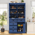 72''H Kitchen Pantry Cabinet, Vintage Storage Cupboard with 2 Glass Doors, Drawers, Serving Trays and Shelves, Freestanding Coffee Bar Cabinet for Dining Room Living Room, Blue