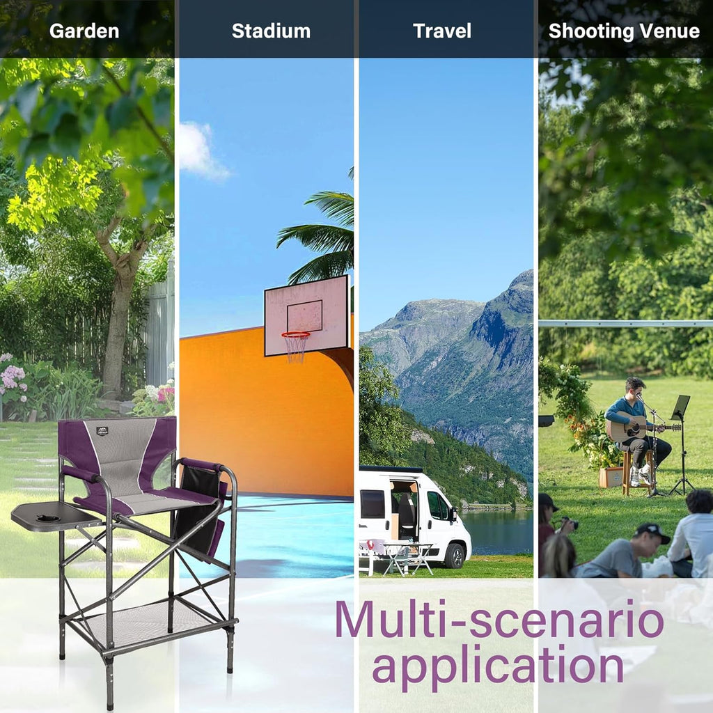LANMONTAIN Folding Tall Director Chairs,30.7'' Seat High Makeup Solan Chairs,Portable Camping Chair w/Side Table Functional Pocket and Footrest,Comfy Bar Stool Heavy Duty Supports 350 Lbs,Purple