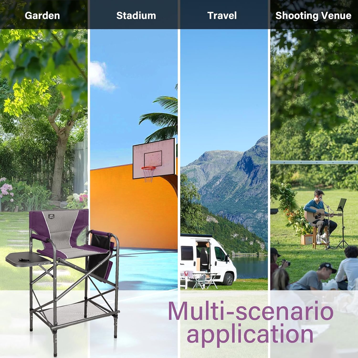LANMONTAIN Folding Tall Director Chairs,30.7'' Seat High Makeup Solan Chairs,Portable Camping Chair w/Side Table Functional Pocket and Footrest,Comfy Bar Stool Heavy Duty Supports 350 Lbs,Purple