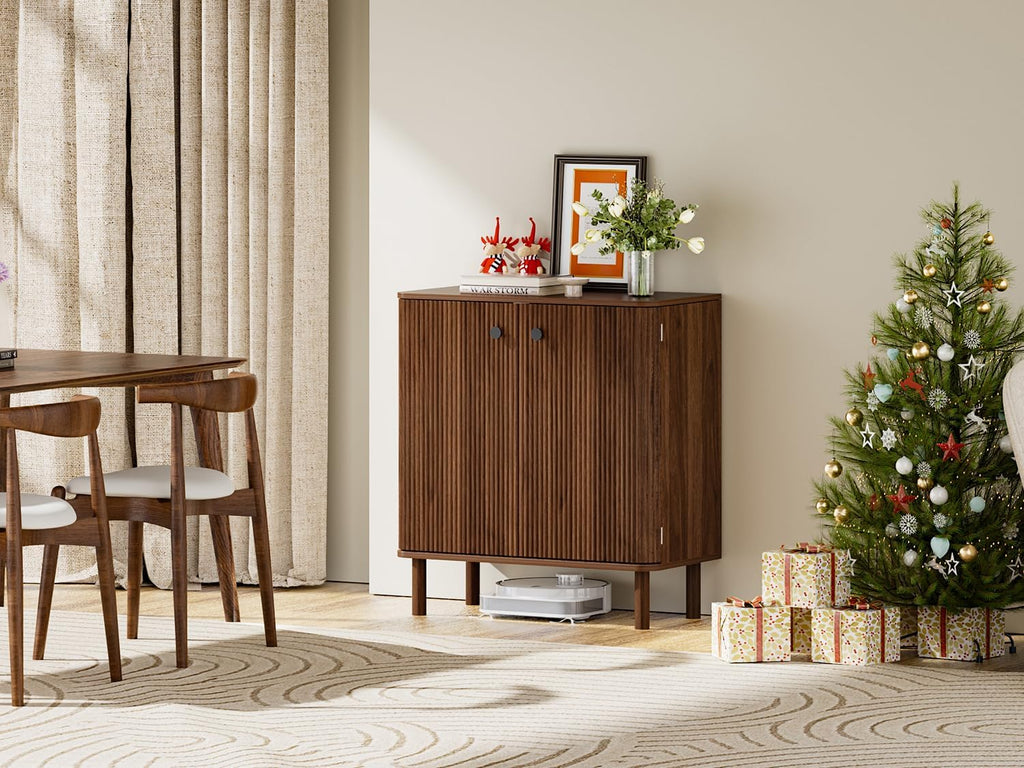 Fluted Sideboard Cabinet, Modern Buffet Cabinet, Small Storage Cabinet with Adjustable Shelves & Wood Legs, Accent Credenza Sideboard for Kitchen, Coffee Bar, Living Room, Entryway, Hallway