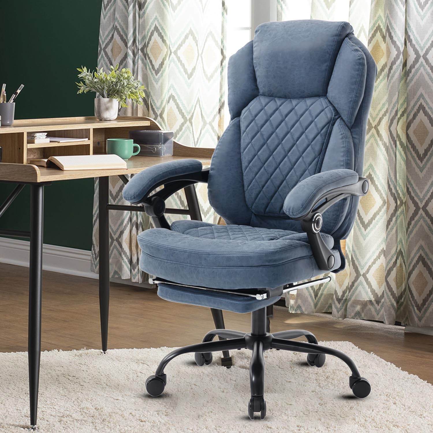 Fully Reclining Office Chair with Footrest, Mid Century Modern Faux Leather Blue Office Desk Chair with Foot Rest for Home Office