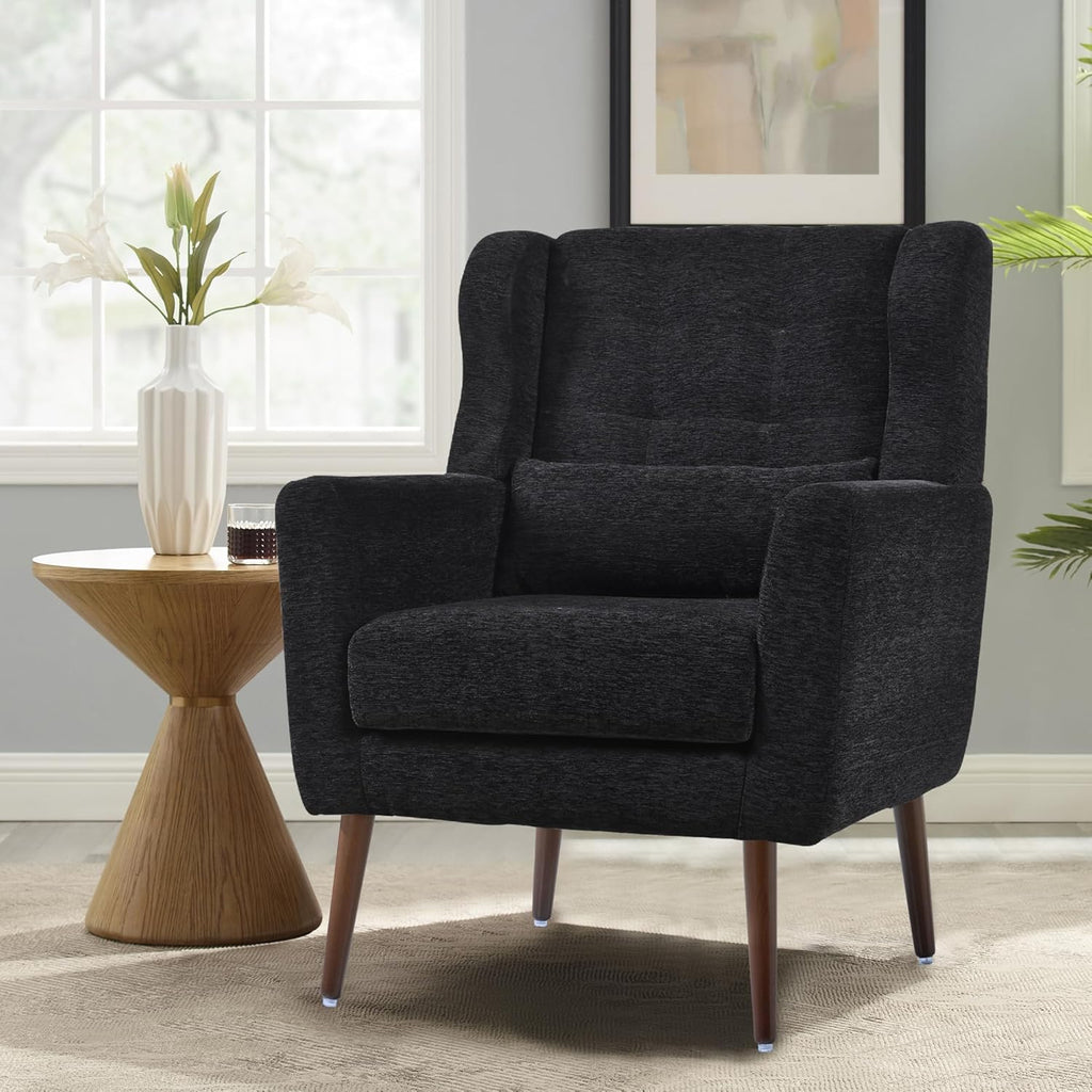 Modern Accent Chair Chenille Fabric Upholstered Tufted Side Chair Wingback Chair,Mid Century Reading Armchair with Waist Pillow Backrest for Living Room Bedroom (Black)