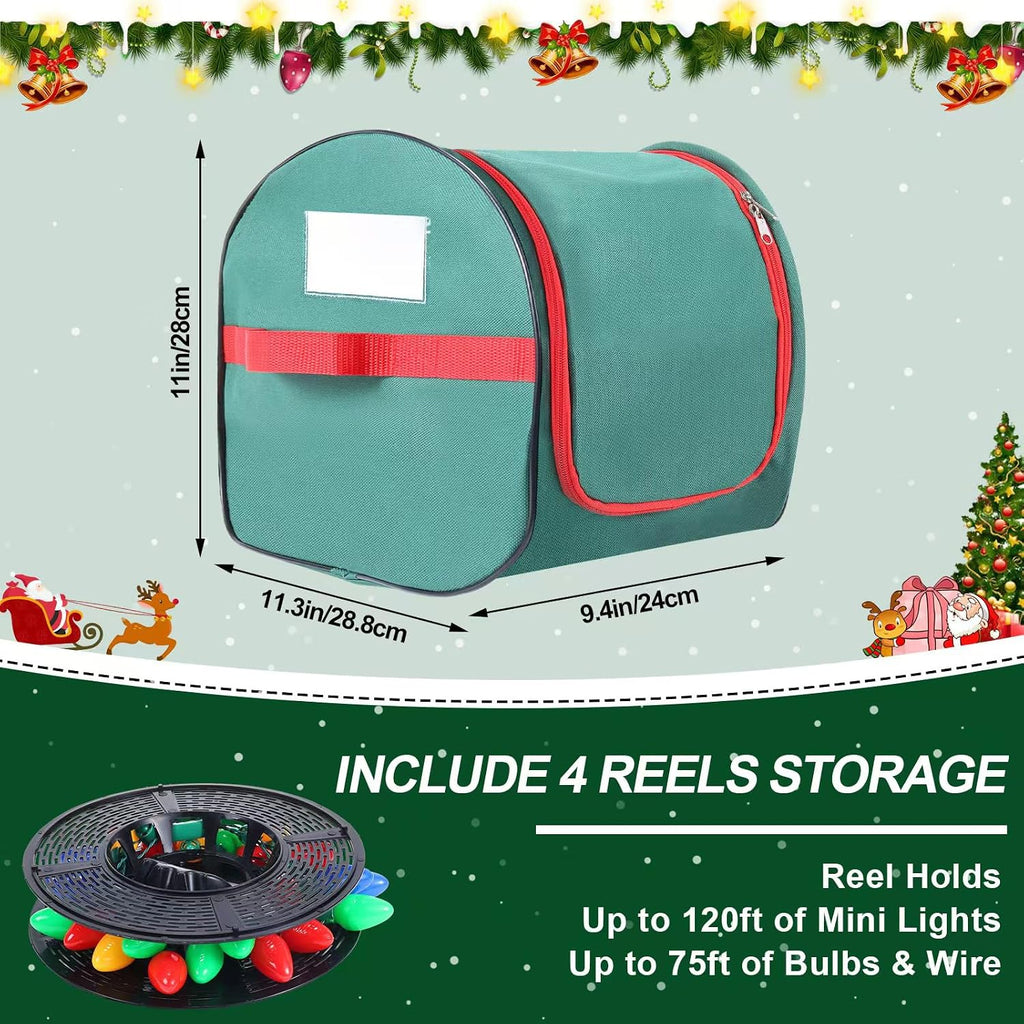 Christmas Light Storage Bag - Tear Proof 600D Oxford Fabric/Internal PVC Material with Reinforced Handles - With 4 Reels Stores up to 500 Ft Holiday Mini Christmas Tree Lights & Extension Cords,Green