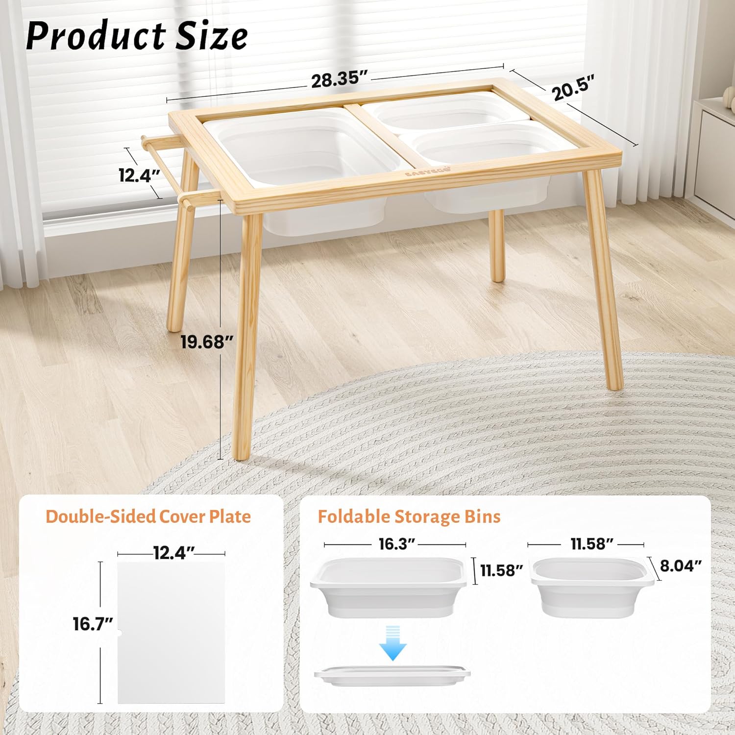 Easyego Sensory Table for Toddlers Kids Play Wooden Sand Water Table with Double-Sided Board & Foldable Storage Bins for Indoor and Outdoor Use, Birthday Gifts for Boys and Girls-Natural Color