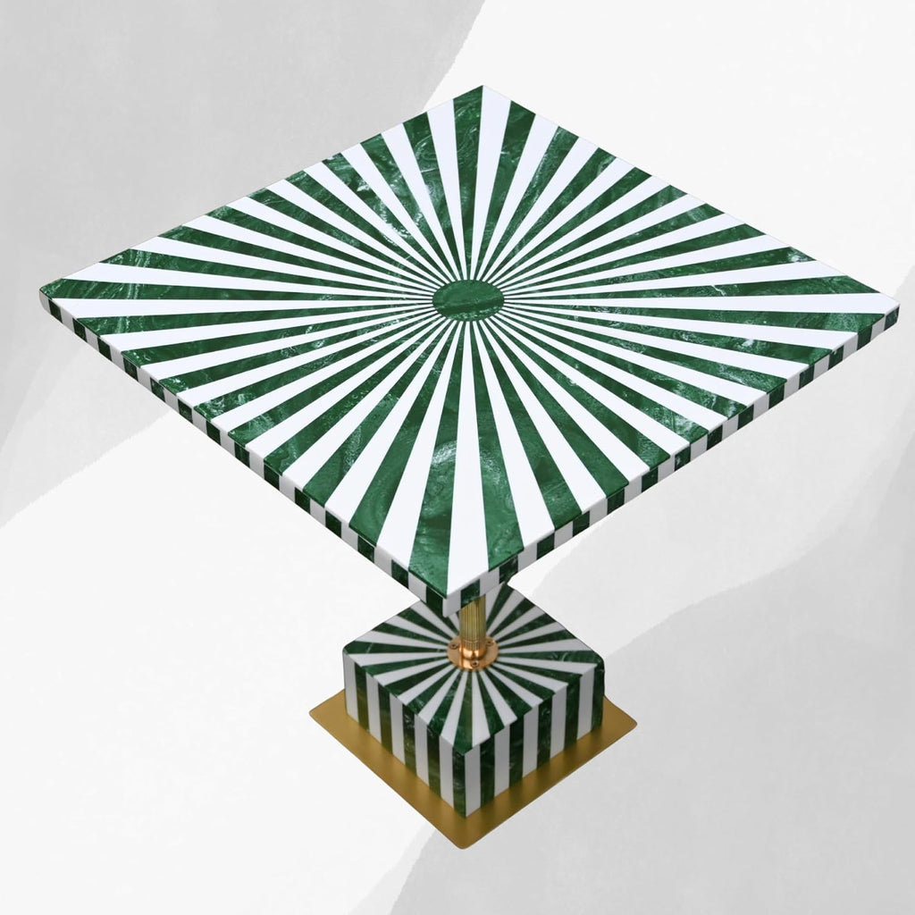 Handcrafted Green White Bone Inlay Side Table Sunburst Design Brass Pedestal Accent Table Modern End Table for Living Room Bedroom Home Decor