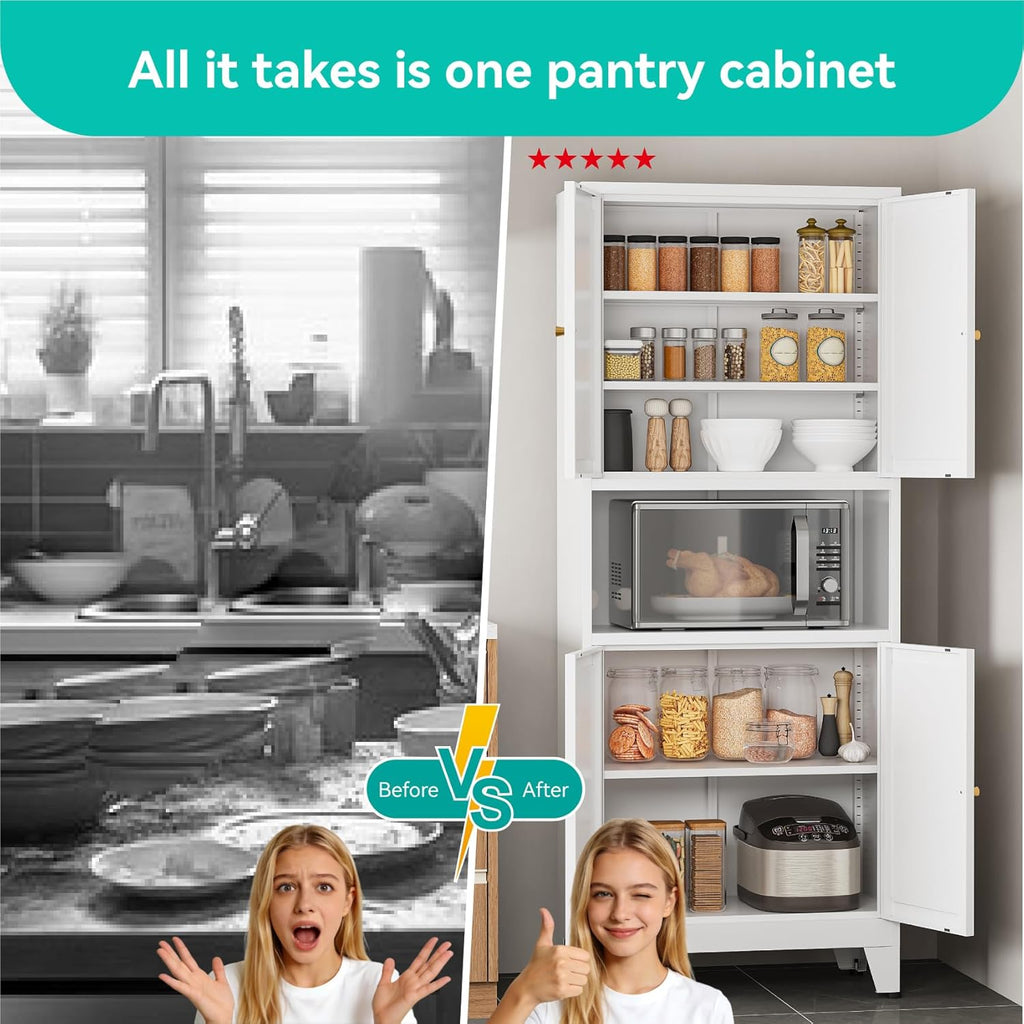 69" H Metal Pantry Cabinet with Open Shelf,13.78“Deep By 28" Wide Storage Cabinet with Doors and Adjustable Shelves,Microwave Stand,for Kitchen Dining Room Bathroom,White 1Pc