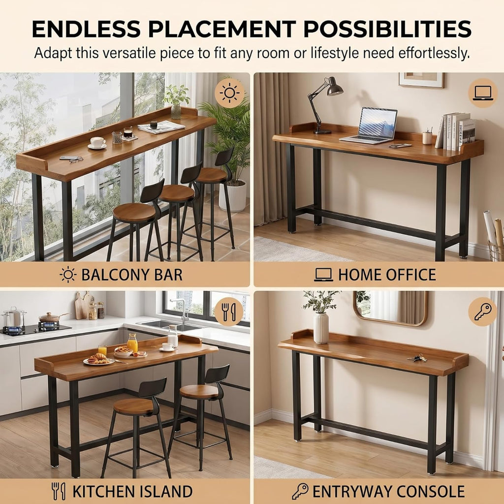 Live Edge Bar Table with Guardrail, 2" Thick Solid Wood Long Narrow High Top Table, Industrial Counter Height Pub Table, Breakfast Tables with Metal Frame for Kitchen, Window, Coffee Bar