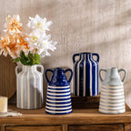 SURE YUESI Blue Ceramic Vase with Handles, Modern Farmhouse Striped Decorative Vase, 9.1" Art Deco Tall Flower Vases for Pampas Grass, Shelf Decor, Dining Table Centerpiece, Living Room Home Decor