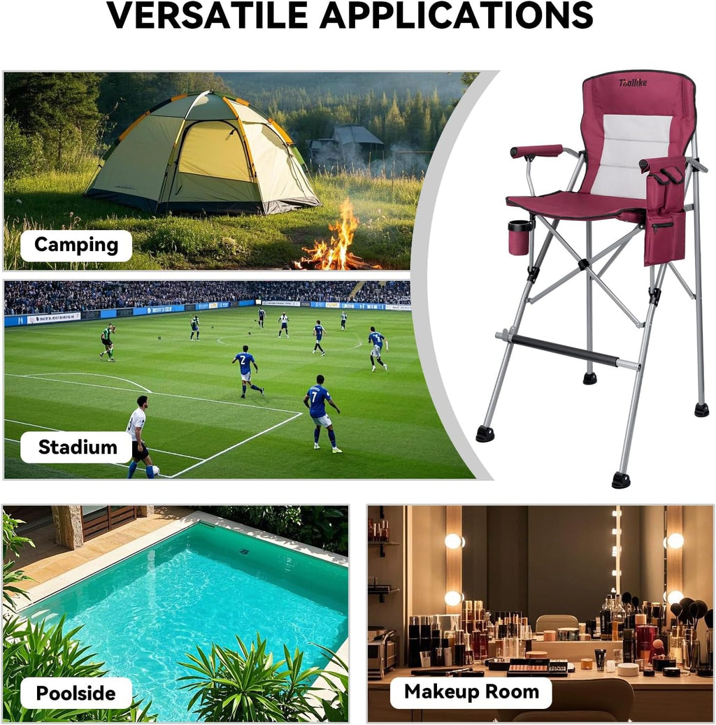Foldable Directors Makeup Salon High Chair - Portable Camping Bar Height Folding Photoshoot Chairs with Stroage Bag Cup Holder Non-Slip Footrest, Supports 400 lbs Red Tall Director Chair