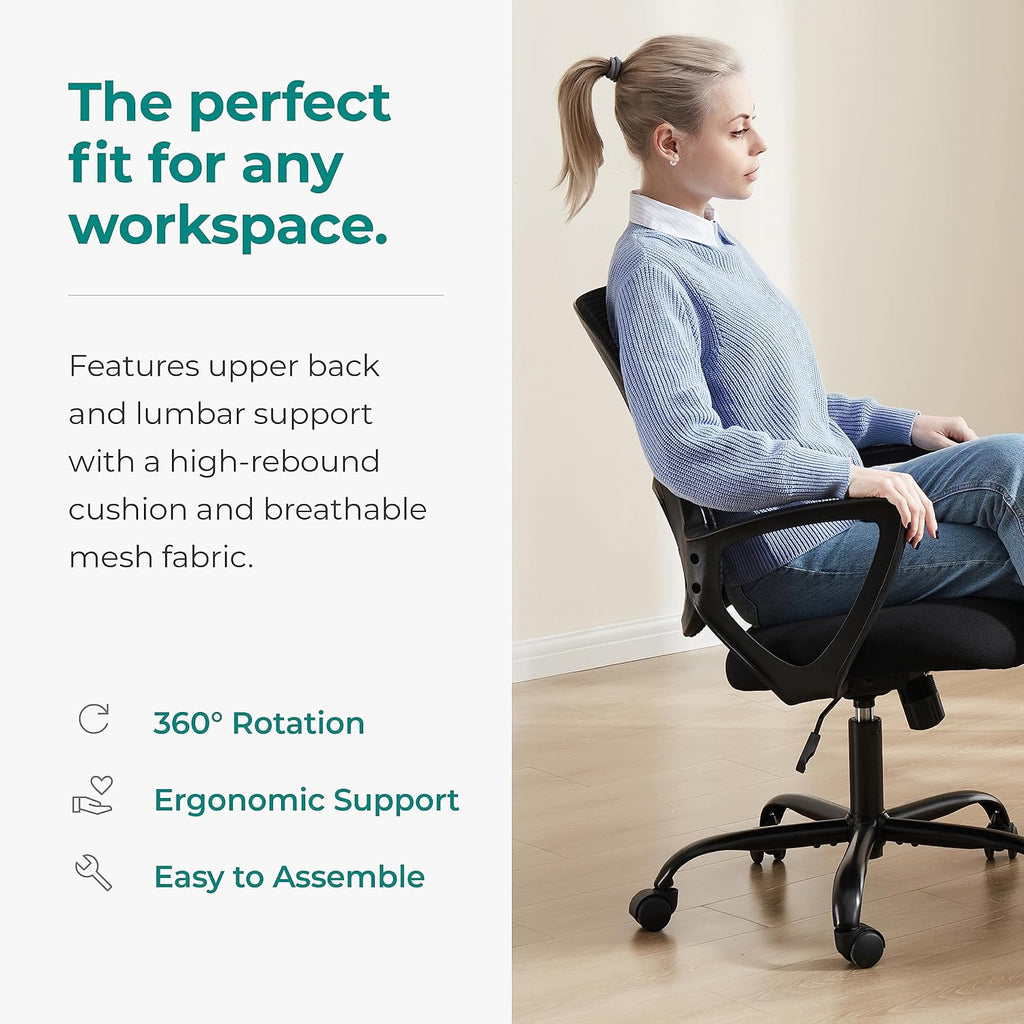 OLIXIS Home Office Chair, Mid Back Computer Ergonomic Mesh Desk with Large Seat, Executive Height Adjustable Swivel Task with Lumbar Support and Armrest, for Adults, Black
