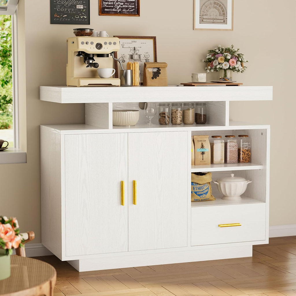 IRONCK Buffet Cabinet, Sideboard Cabinet with Power Outlet and LED Light, Modern Storage Cabinet with Drawer and Shelves, White