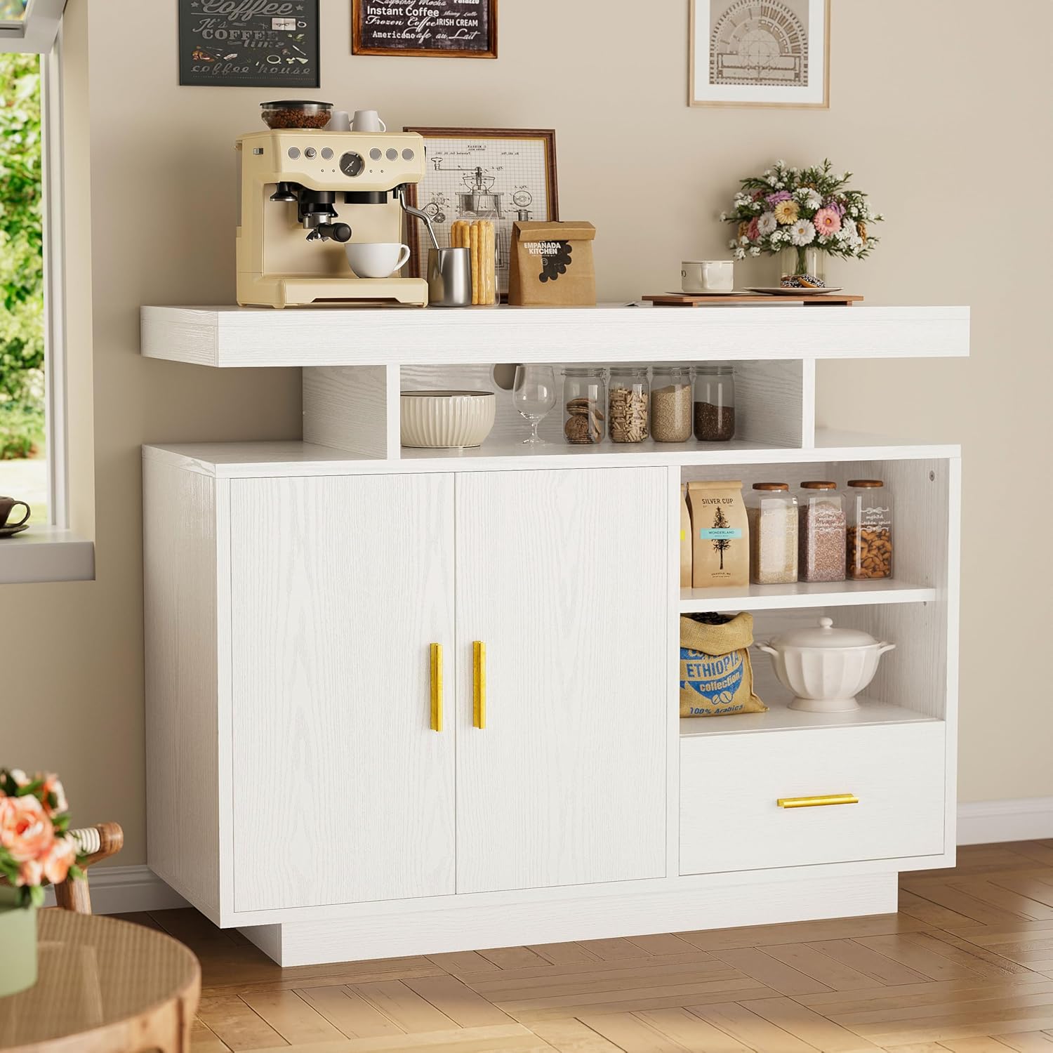 IRONCK Buffet Cabinet, Sideboard Cabinet with Power Outlet and LED Light, Modern Storage Cabinet with Drawer and Shelves, White
