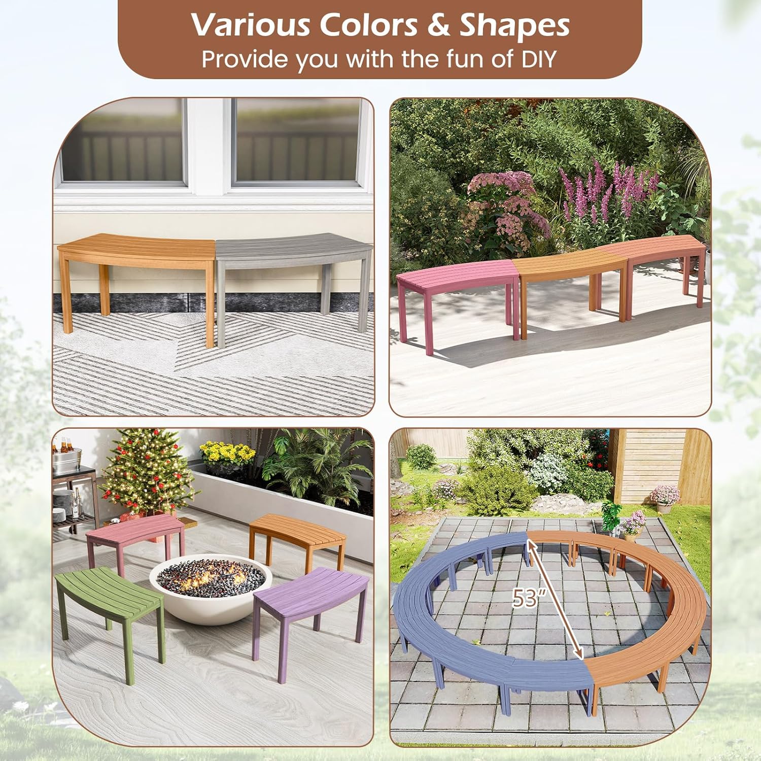 HAPPYGRILL Acacia Wood Outdoor Curved Bench, Fire Pit Bench with Slatted Seats, Tree Benches Wrap Around for Patio Garden Backyard, 400 lbs (2)