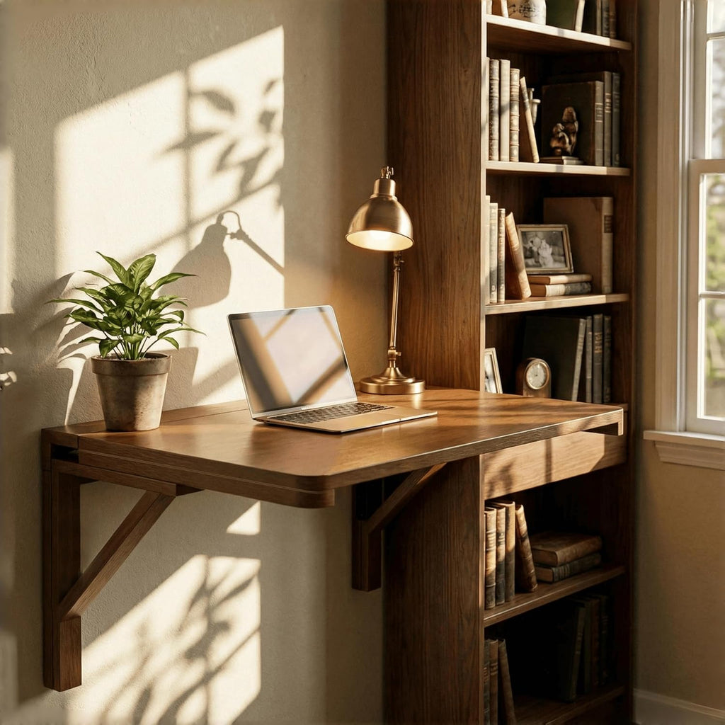 MM MELISEN Wall Desk - 24x16 Inch, Walnut Color Compact Desk for Laundry Room or Kitchen Area. Solid Wood fold-Down Surface for Daily tasks. Stores Flat When not in use