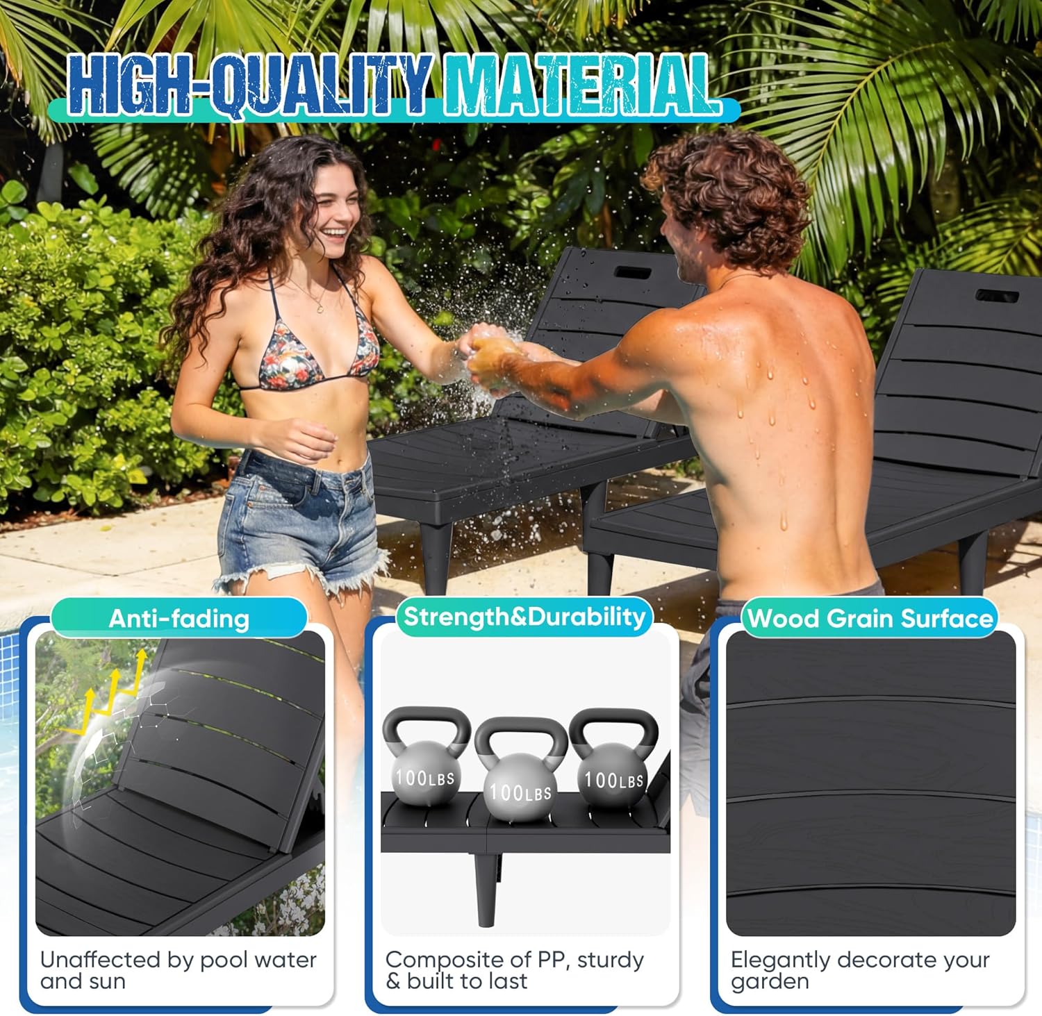 Greesum Outdoor Chaise Lounge Chair Set of 2, Waterproof 5-Position Adjustable PP Sun Loungers for Patio, Poolside, and Beach Sunbathing, Black