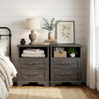 Farmhouse End Table Set of 2, Rustic Wood Nightstand with Charging Station, 2 Large Drawers & Open Storage, Bedside Table with USB-C Ports for Living Room Bedroom (Gray Oak)
