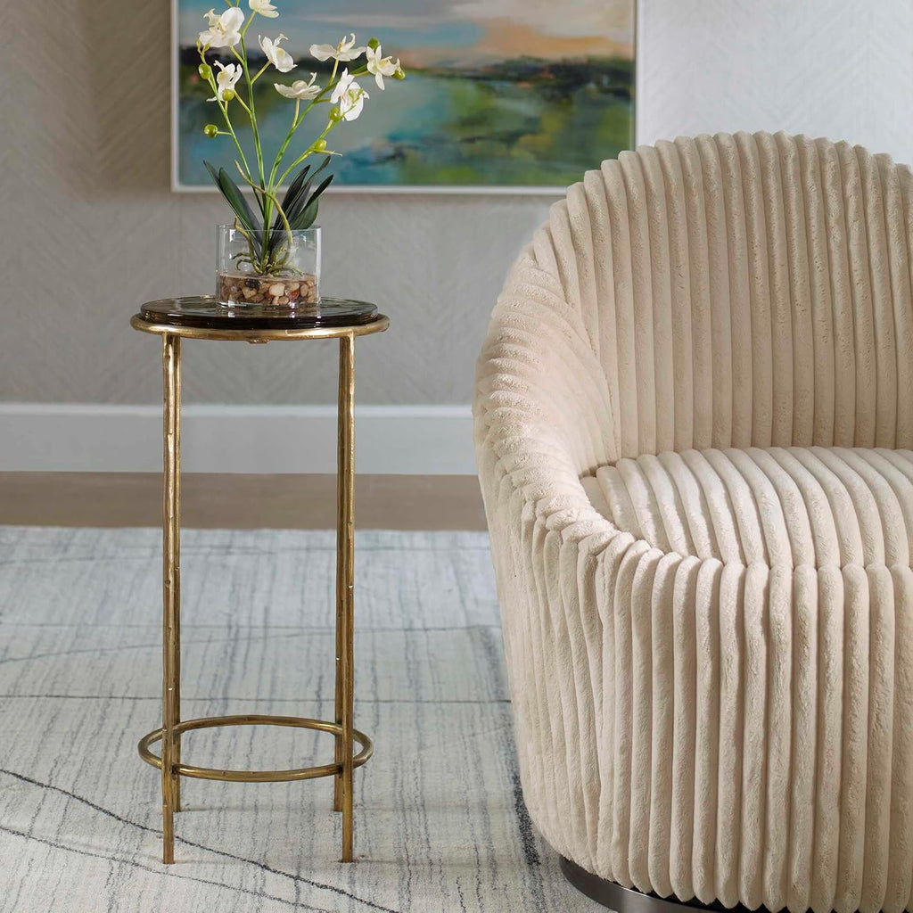 Antique Gold Textured Iron Accent Table with Recycled Glass Top Modern Round End Table Luxury Side Table for Living Room, Bedroom & Lounge Decorative Accent Furniture