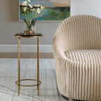 Antique Gold Textured Iron Accent Table with Recycled Glass Top Modern Round End Table Luxury Side Table for Living Room, Bedroom & Lounge Decorative Accent Furniture