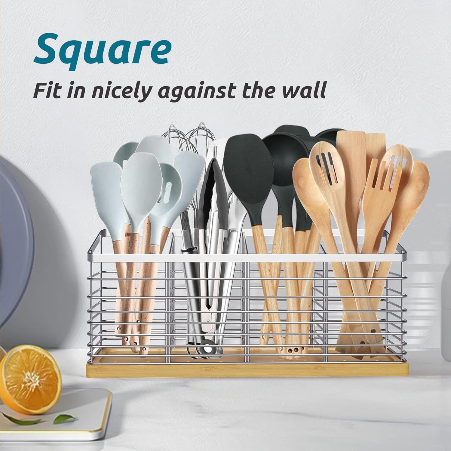 Suli Extra Large Kitchen Utensil Holder with 4 Compartments，Metal holder with Wooden Base for Kitchen Countertop，Farmhouse Cooking Utensil Storage, Rustic Cooking Utensil,Silvery