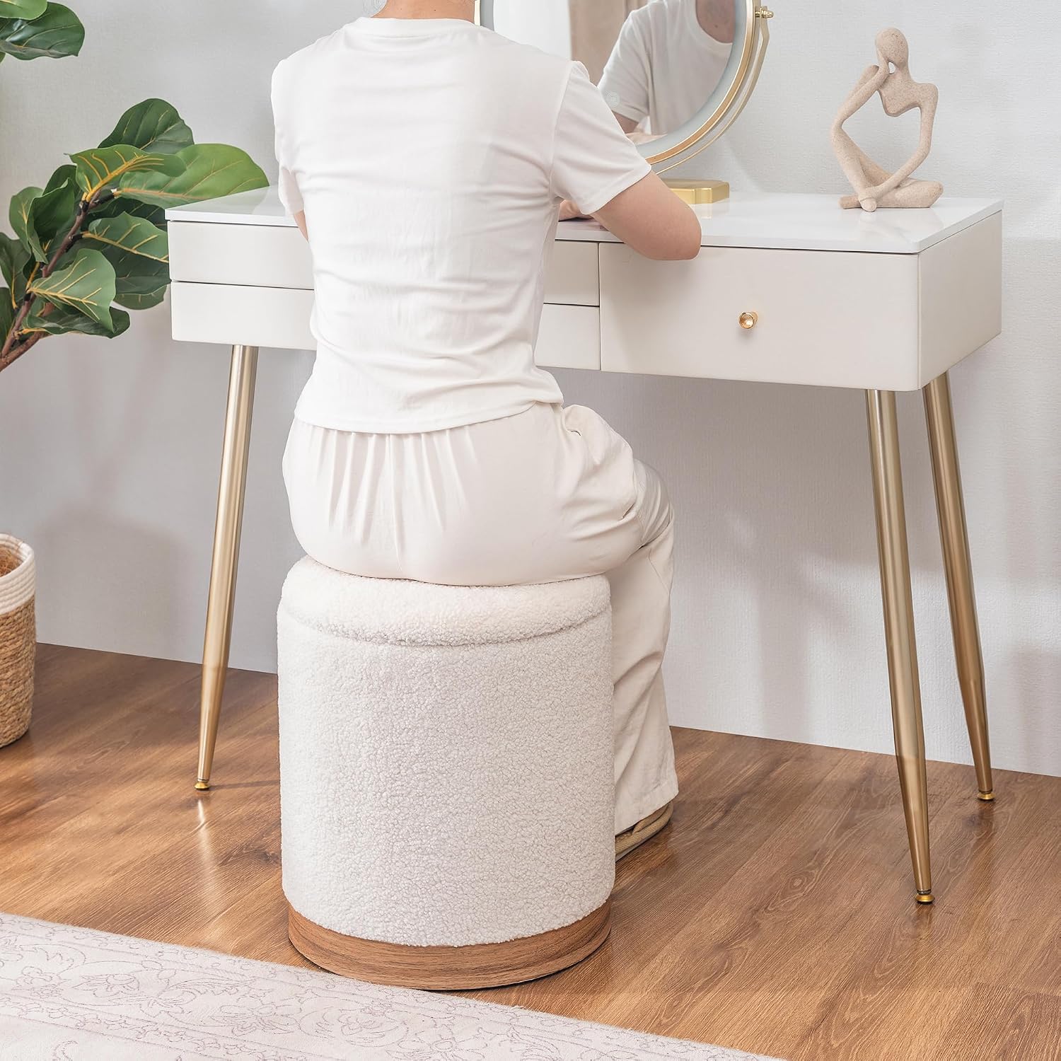 Joveco Round Storage Ottoman with Removable Lid, Boucle Small Upholstered Padded Vanity Foot Rest Stool for Living Room, Bedroom, Dorm, White with Oatmeal Wood Grain Trim