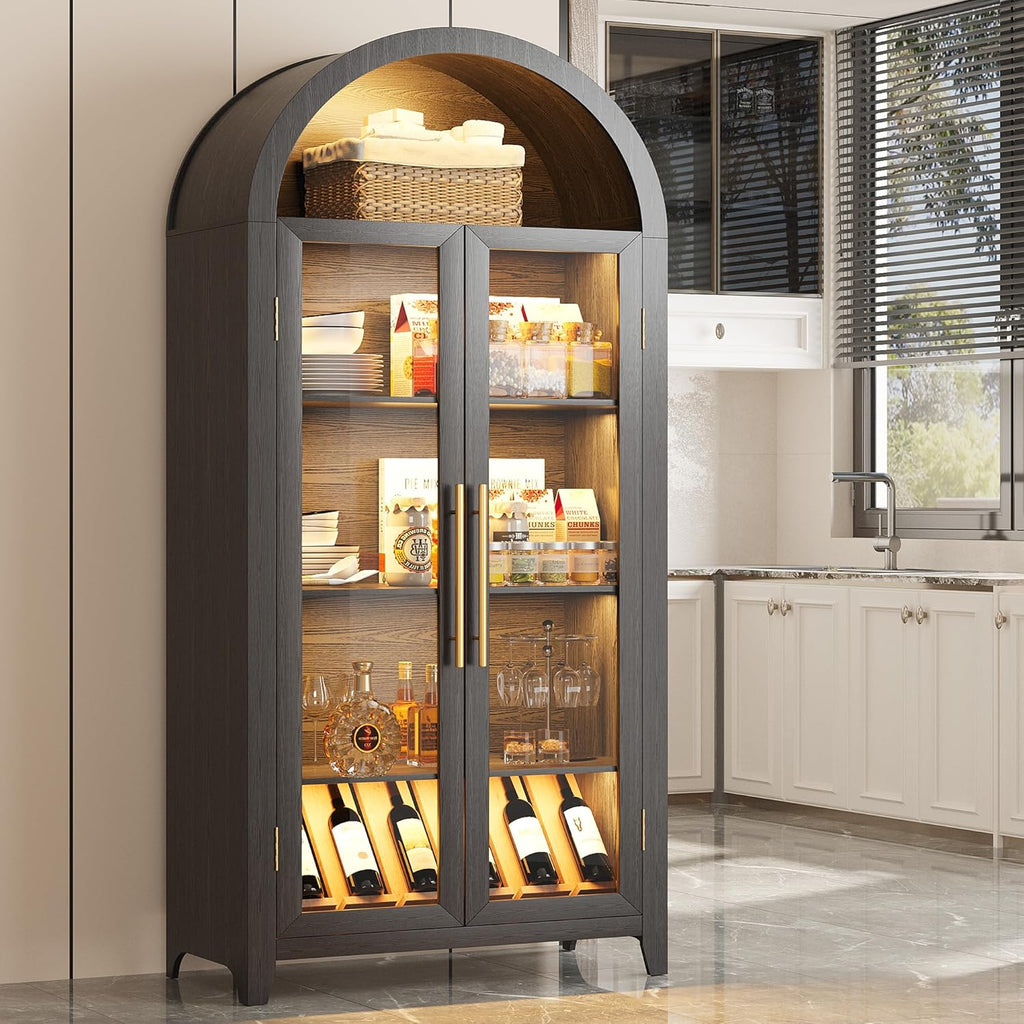 LVSOMT 71” Arched Curio Cabinet with Glass Doors, Display Cabinet with Human Sensor LED Light, 5 Tier China Cabinet with Adjustable Shelf, Tall Bookcase with Storage for Home Black