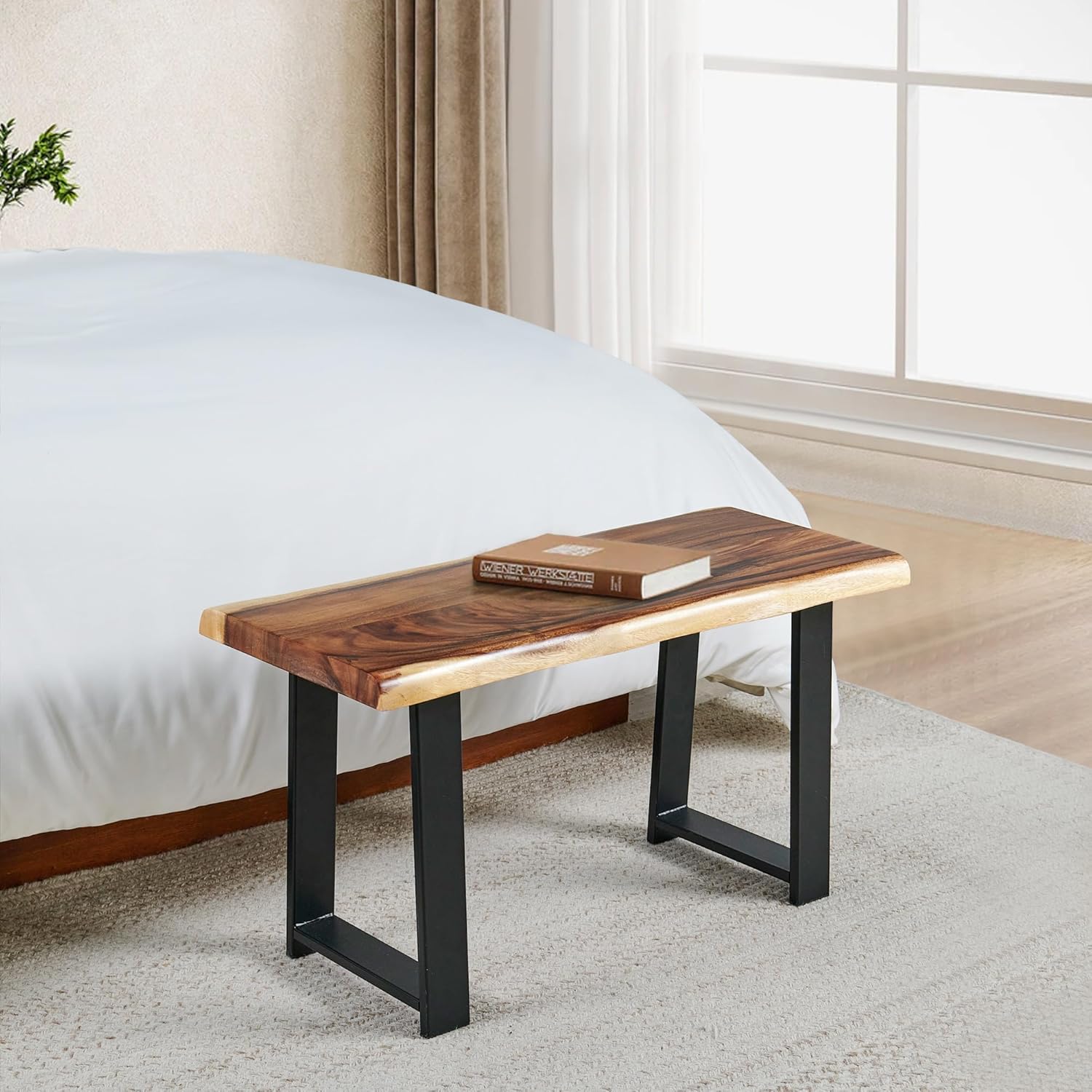 Rustic Live Edge Solid Wood Bench 32" x 14" x 17" Height Handmade Farmhouse Entryway Bench Living Room Dining Room Bedroom Hallway Office Vintage Dark Brown Acacia Accent Bench Seat