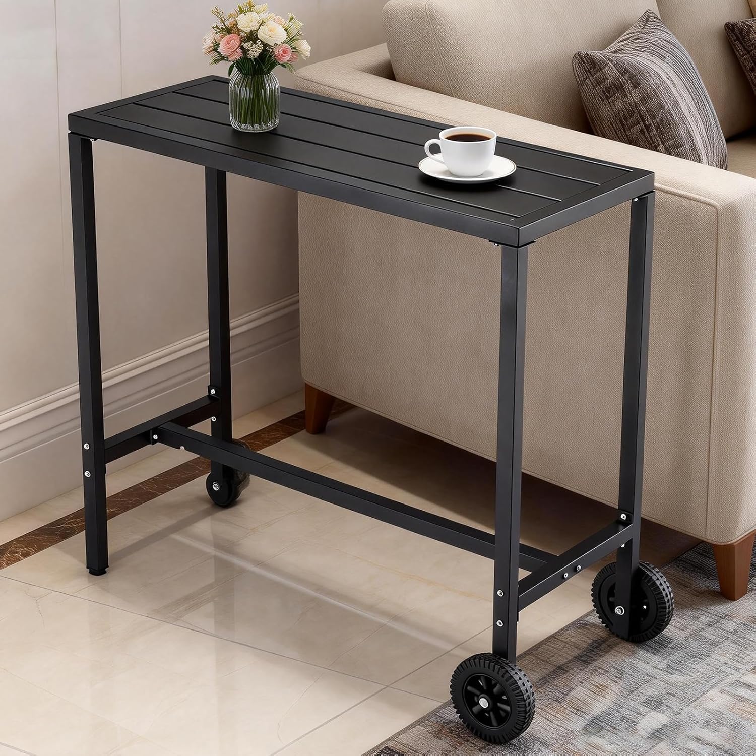 PeakPursuit 39x16 in Rectangle Outdoor Bar Table, 37" Counter Height Patio Pub Table with 2 Wheels, Waterproof Top & Adjustable Feet for Balcony, Yard, Hot Tub, Poolside, Indoor