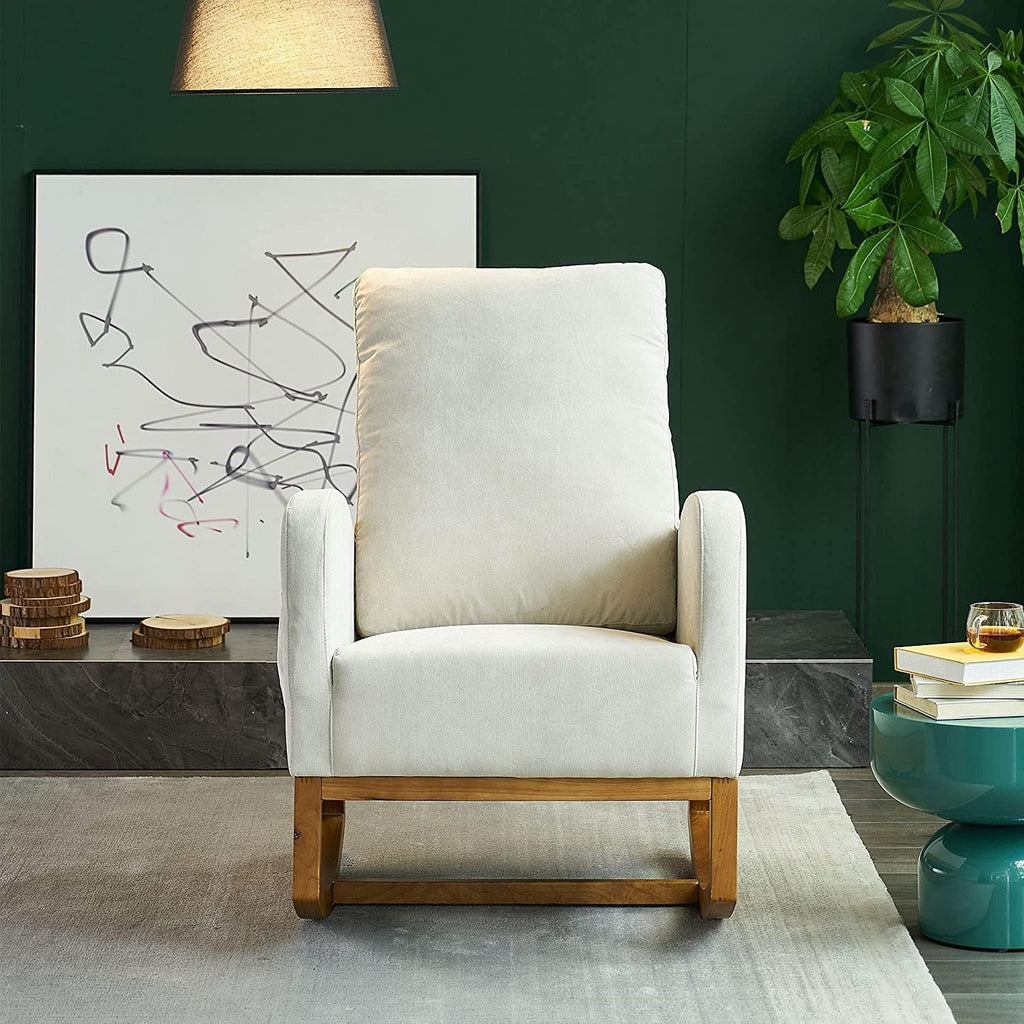 Upholstered Rocking Chair Mid-Century, Modern Nursery Rocking Armchair, Upholstered Tall Back Accent Glider Rocker with 2-Side Pocket for Bedroom Living Room Lounge