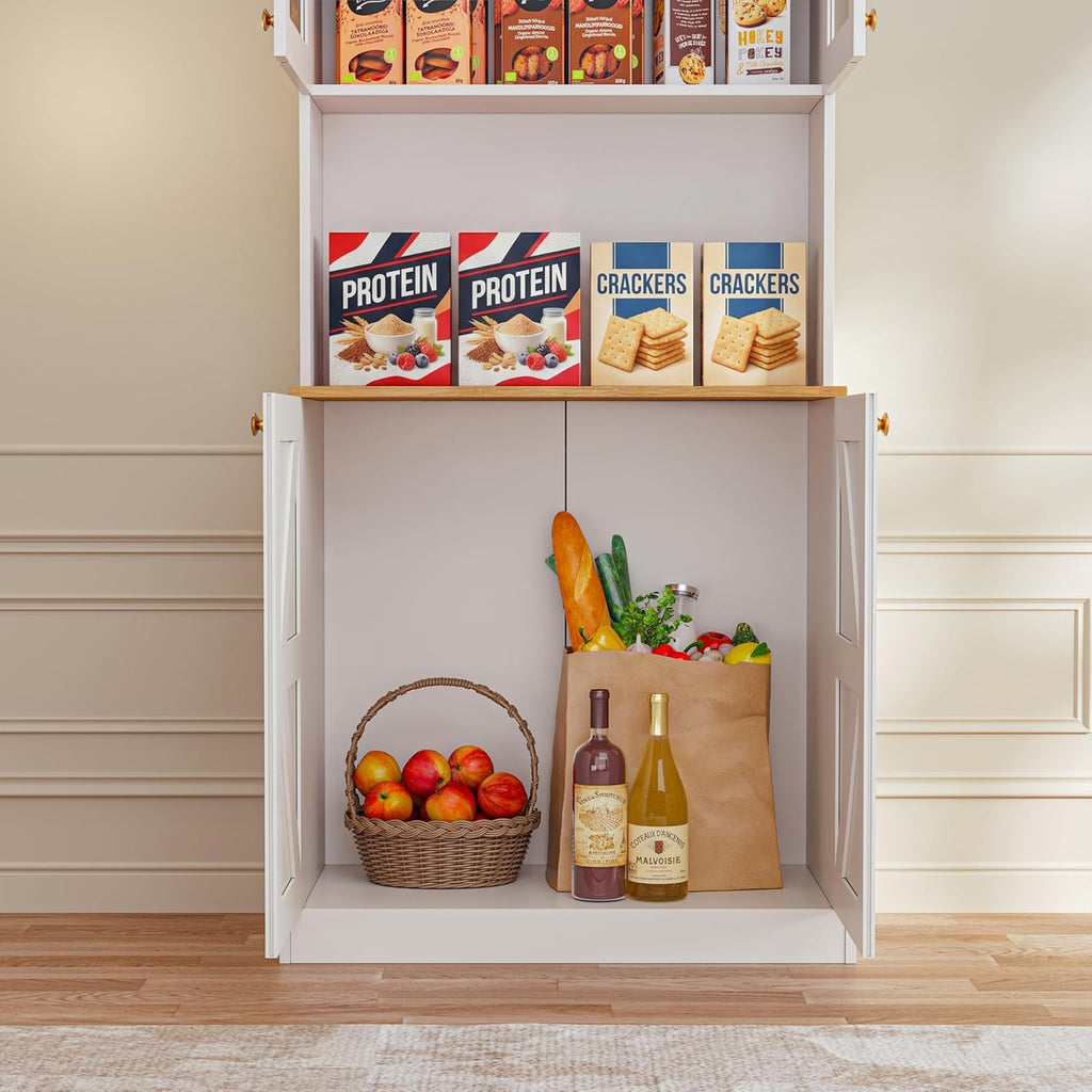 71" White Farmhouse Kitchen Pantry Cabinet Set of 3— Freestanding Coffee Bar with Glass Doors or Drawers, Microwave Stand, Large Storage Hutch with Adjustable Shelves for Kitchen, Living Room