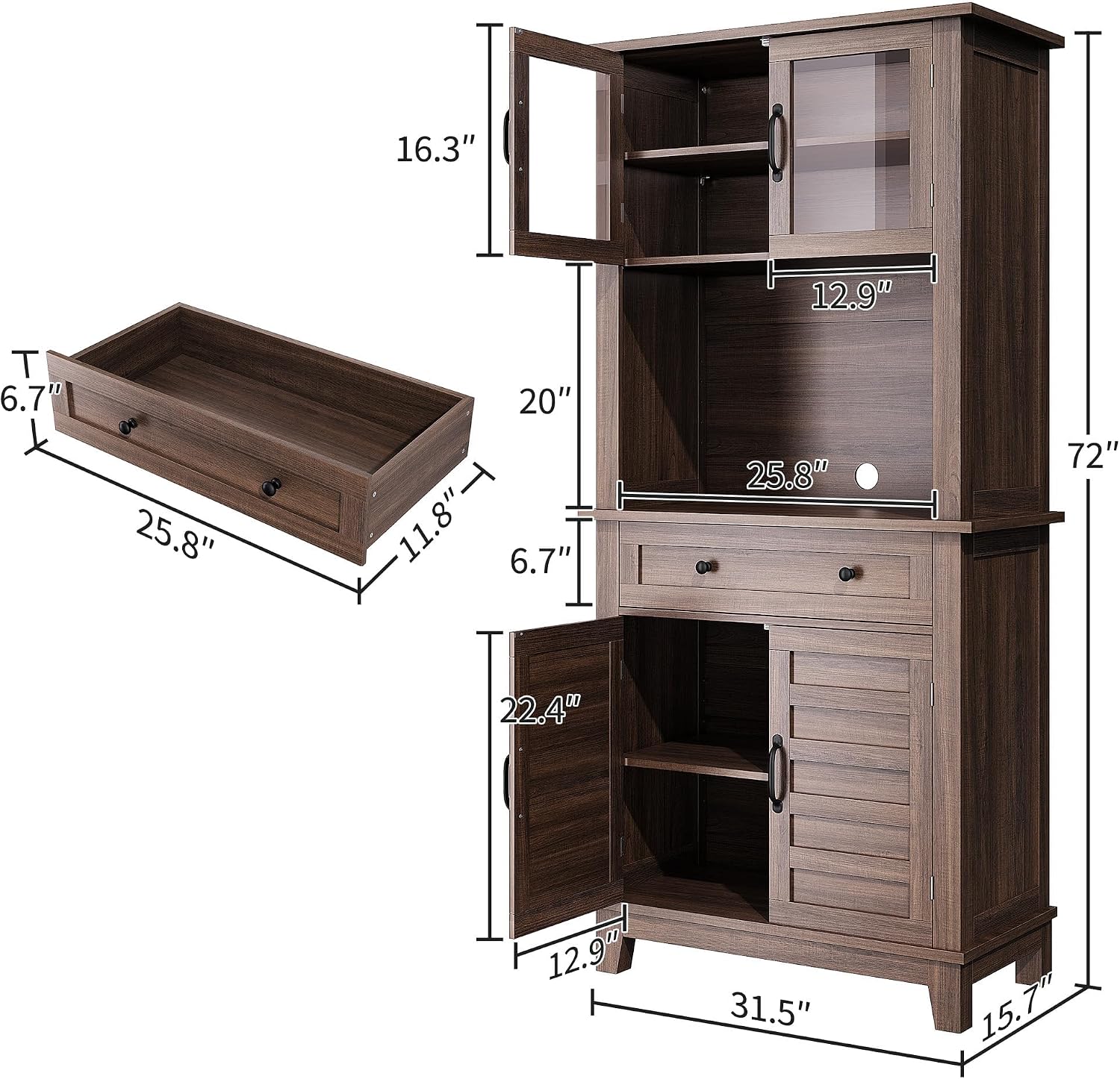 CAIBHOME Modern Kitchen Pantry Storage Cabinet, 72" Tall Coffee Bar Cabinet with 1 Large Storage Drawer, Kitchen Hutch Bar Cabinets, Dining Room, Living Room, Brown